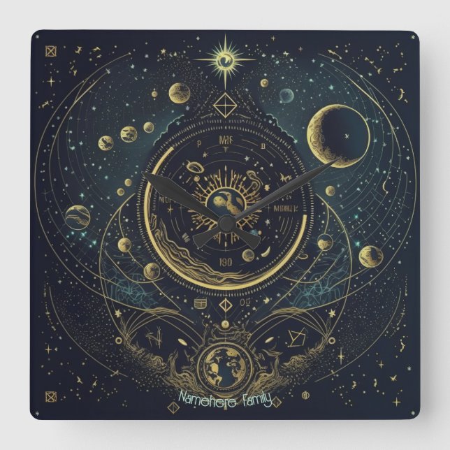 Create Your Own Blue & Gold Celestial Sky Charts Square Wall Clock (Front)