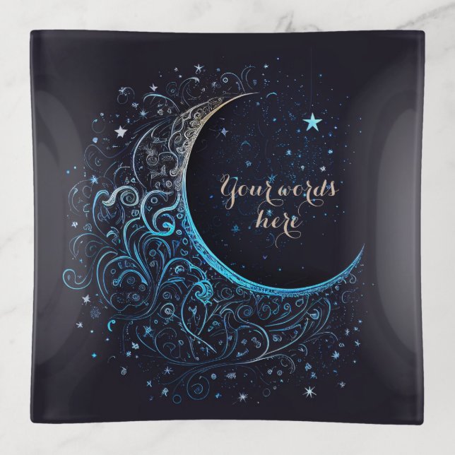 Create Your Own Blue & Gold Filigree Moon Trinket Tray (Front)