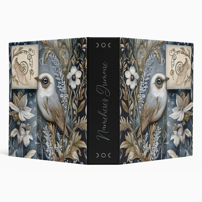 Create Your Own Blue Gold Garden Bird Botanical 3 Ring Binder (Background)