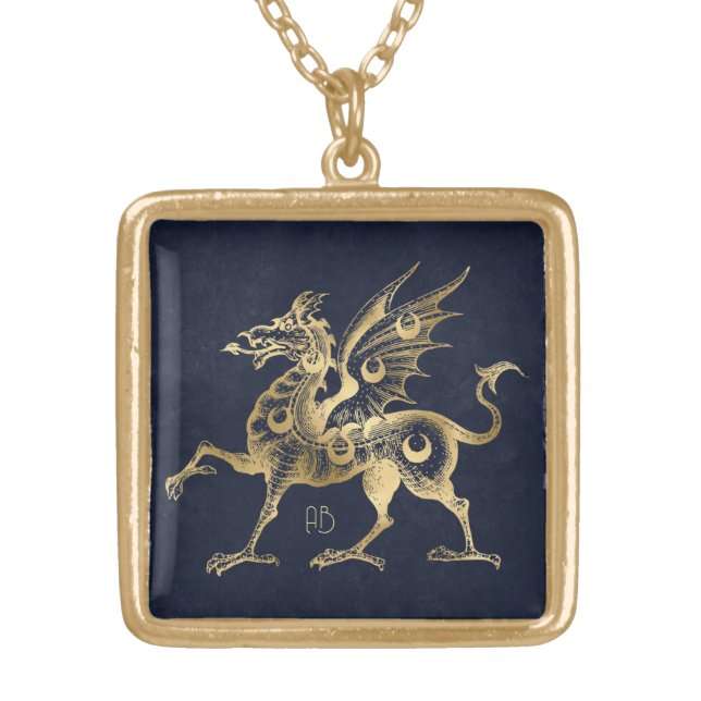 Create Your Own Blue & Gold Gothic Dragon Plated Necklace (Front)