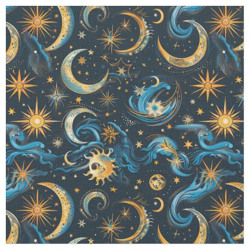 Create Your Own Blue & Gold Sun Moon & Stars Fabric
