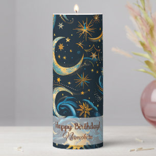Create Your Own Blue & Gold Sun Moon & Stars Pillar Candle