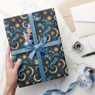 Create Your Own Blue & Gold Sun Moon & Stars Wrapping Paper