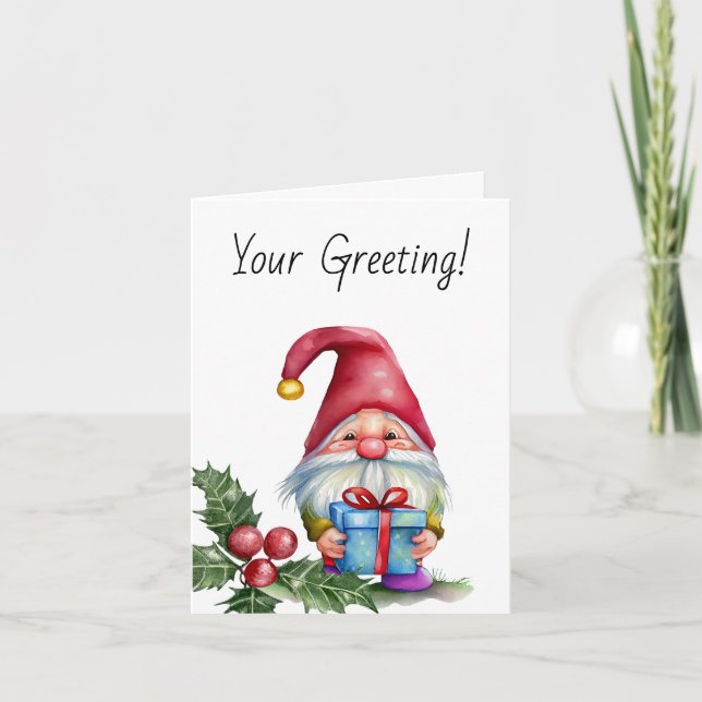 Create Your Own Blue Present Christmas Gnome Holiday Card (Front)