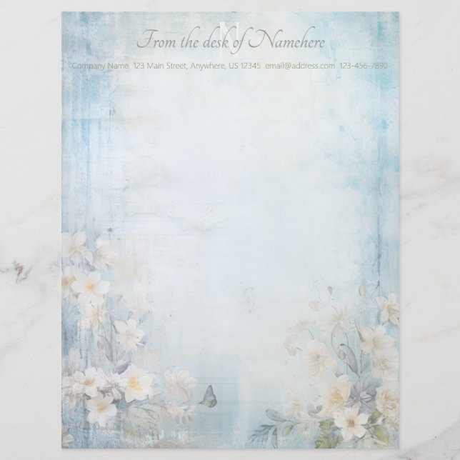Create Your Own Blue Shabby Chic Buttefly Flowers Letterhead (Front)