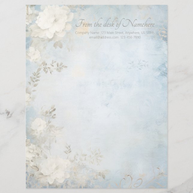 Create Your Own Blue Shabby Chic White Flowers Letterhead (Front)