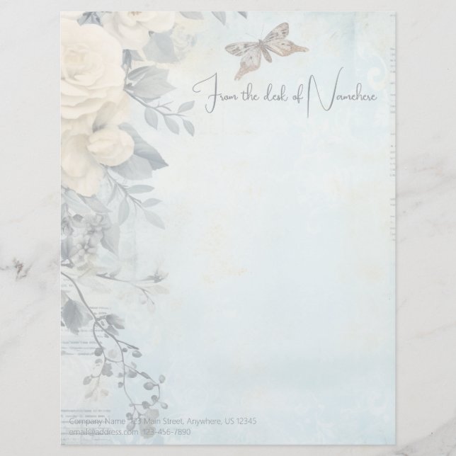 Create Your Own Blue Shabby Chic White Roses Letterhead (Front)