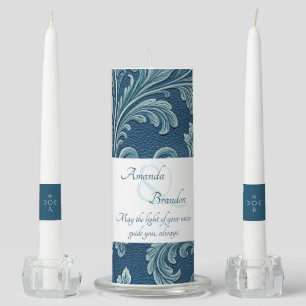 Create Your Own Blue Teal Embossed Vintage Vine Unity Candle Set