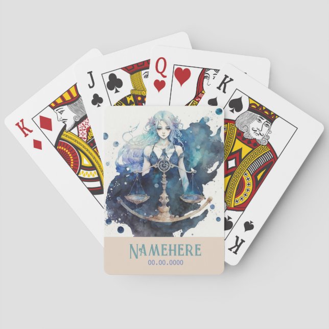 Create Your Own Blue & Teal Libra Zodiac Poker Cards (Back)