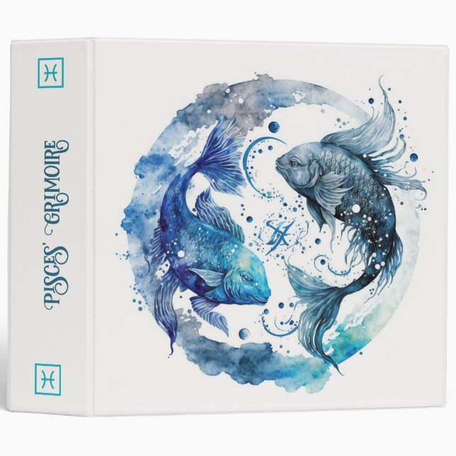 Create Your Own Blue & Teal Pisces Zodiac 3 Ring Binder (Front/Spine)