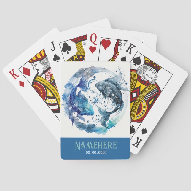 Create Your Own Blue & Teal Pisces Zodiac Poker Cards (Back)