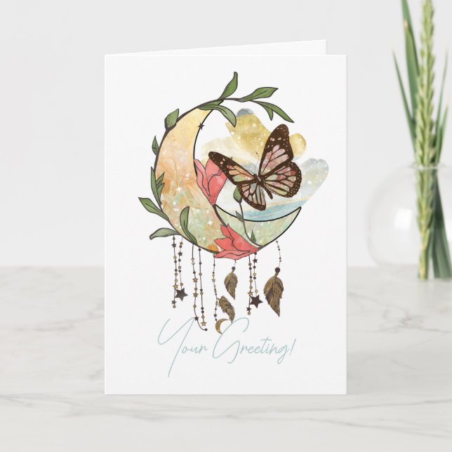 Create Your Own Boho Butterfly Moon Dreamcatcher Holiday Card (Front)