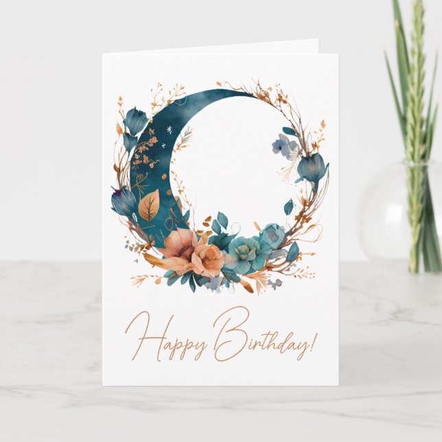 Create Your Own Boho Teal & Peach Floral Moon Holiday Card (Front)