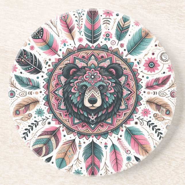 Create Your Own Boho Totemic Bear Mandala Coaster (Front)