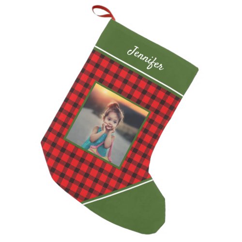 Create your own buffalo plaid photo monogrammed small christmas stocking
