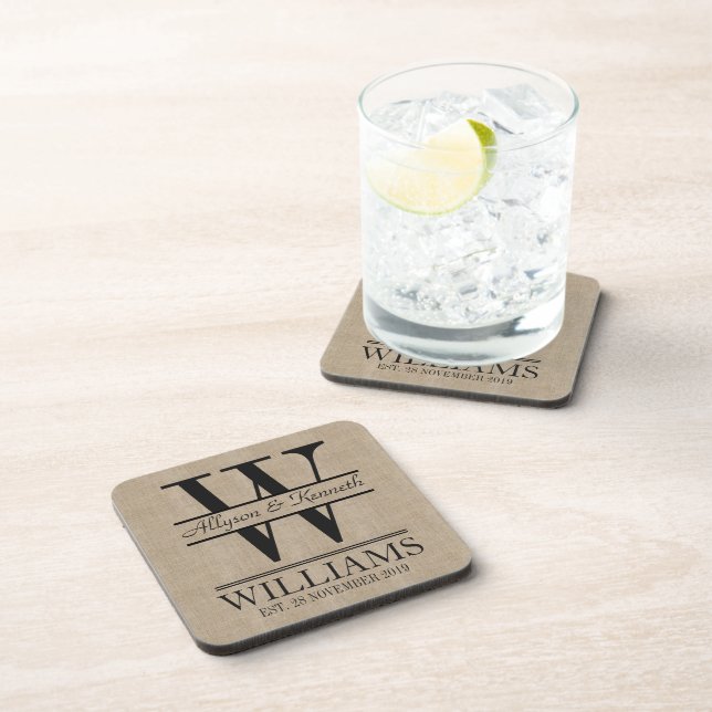 Create Your Own Burlap Logo Anniversary Monogram Beverage Coaster (Right Side)