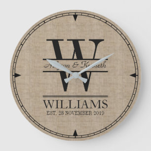 Create Your Own Burlap Logo Anniversary Monogram Large Clock