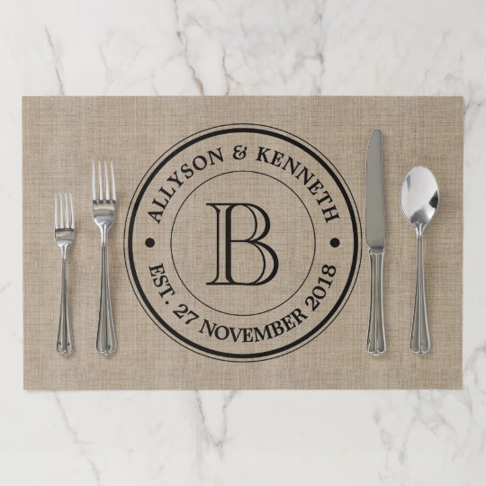 Create Your Own Burlap Logo Anniversary Monogram Paper Placemat