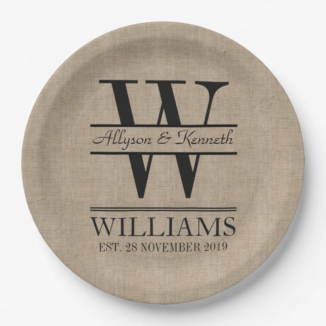 Create Your Own Burlap Logo Anniversary Monogram Paper Plates (Front)
