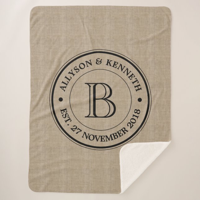 Create Your Own Burlap Logo Anniversary Monogram Sherpa Blanket (Front)