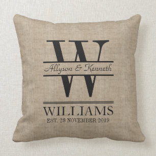 Create Your Own Burlap Logo Anniversary Monogram Throw Pillow