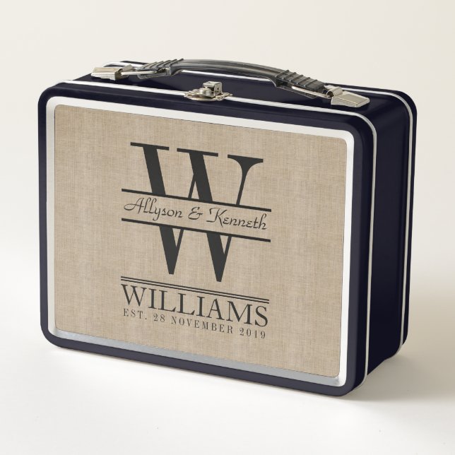 Create Your Own Burlap Retro Logo Monogram Metal Lunch Box (Front)