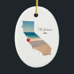 Create Your Own California Shape Vacation Photo Ceramic Ornament<br><div class="desc">Add a photo over the top of the map shape of the state of California. My sample photo was taken during a road trip to the aquarium and beach near Monterey Bay. You can change the heart color, move it, or delete that text symbol. You can also add a photo...</div>