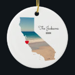 Create Your Own California Vacation Photo Ceramic Ornament<br><div class="desc">Add a photo over the top of the map shape of the state of California. My sample photo was taken during a road trip to the aquarium and beach near Monterey Bay. You can change the heart color, move it, or delete that text symbol. You can also add a photo...</div>