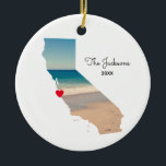 Create Your Own California Vacation Photo Ceramic Ornament<br><div class="desc">Add a photo over the top of the map shape of the state of California. My sample photo was taken during a road trip to the aquarium and beach near Monterey Bay. You can change the heart color, move it, or delete that text symbol. You can also add a photo...</div>
