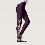 Create Your Own Chic Stylish Personalized Purple Leggings<br><div class="desc">Custom, personalized, beautiful, elegant faux gold on dark purple typography script, cool, chic, stylish, modern, trendy, breathable, hand sewn, womens full length fashion travel party workout sports yoga gym running leggings pants, that stretches to fit your body, hugs in all the right places, bounces back after washing, and doesn't lose...</div>