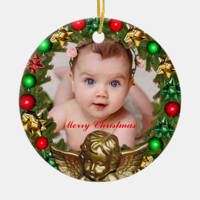 Create Your Own Christmas Baby Photo Ceramic Ornament (Front)