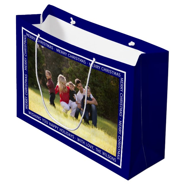 Create your own Christmas blue photo gift bag! Large Gift Bag (Front Angled)