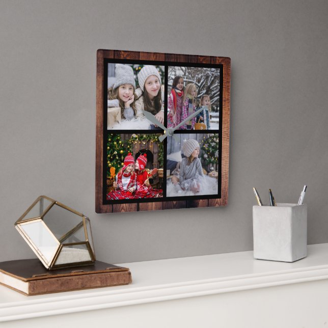 Create your own Christmas family photo collage Square Wall Clock (Office)