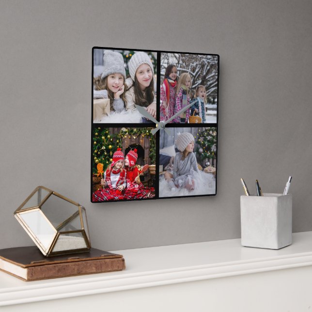 Create your own Christmas family photo collage Square Wall Clock (Office)