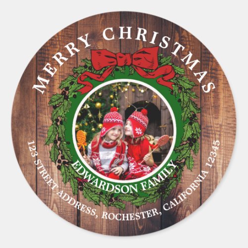 Create your own Christmas photo return address Classic Round Sticker
