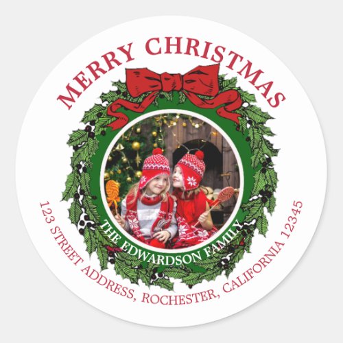 Create your own Christmas photo return address Classic Round Sticker