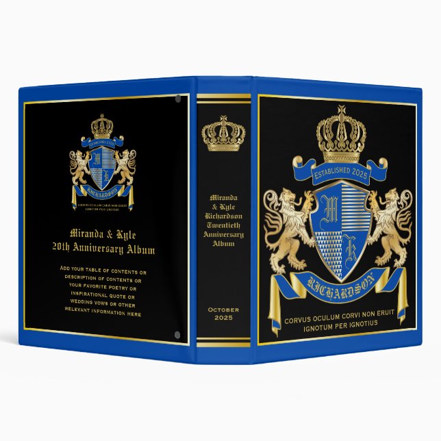 Create Your Own Coat of Arms Blue Gold Lion Emblem 3 Ring Binder (Background)