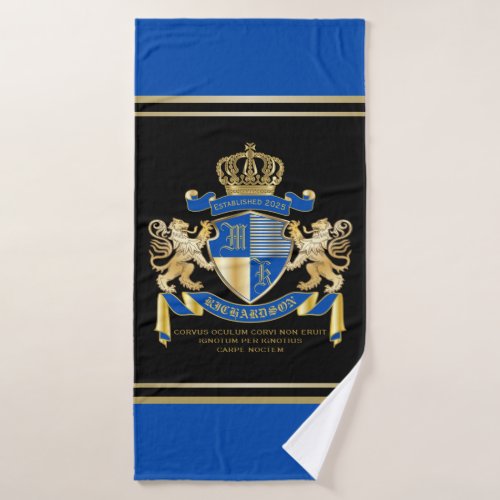 Create Your Own Coat of Arms Blue Gold Lion Emblem Bath Towel