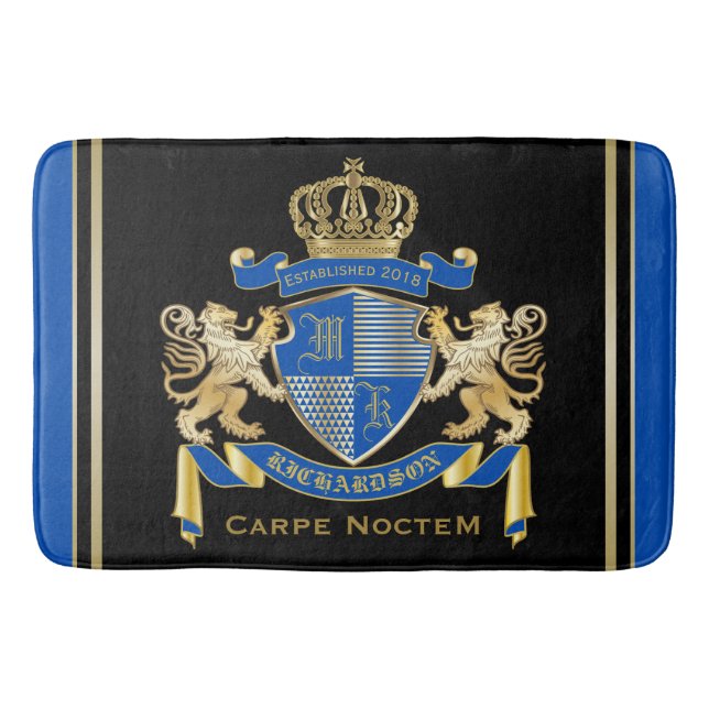 Create Your Own Coat of Arms Blue Gold Lion Emblem Bathroom Mat (Front)