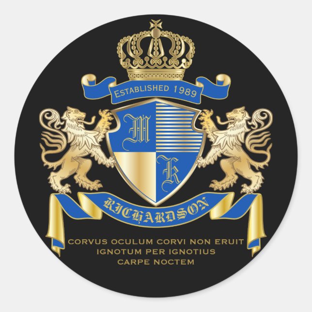 Create Your Own Coat of Arms Blue Gold Lion Emblem Classic Round Sticker (Front)