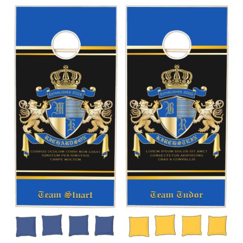 Create Your Own Coat of Arms Blue Gold Lion Emblem Cornhole Set