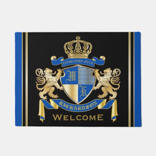 Create Your Own Coat of Arms Blue Gold Lion Emblem Doormat