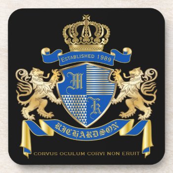 Create Your Own Coat Of Arms Blue Gold Lion Emblem Drink Coaster by BCVintageLove at Zazzle