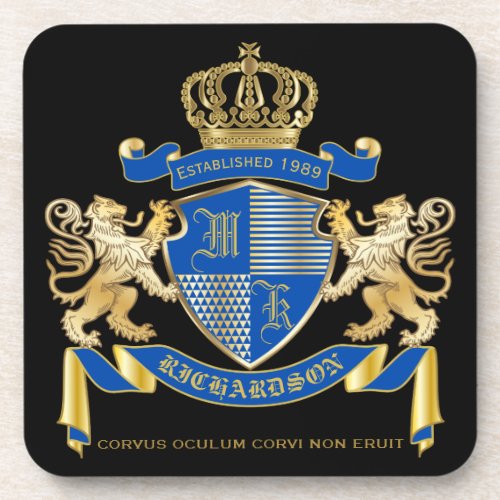 Create Your Own Coat of Arms Blue Gold Lion Emblem Drink Coaster