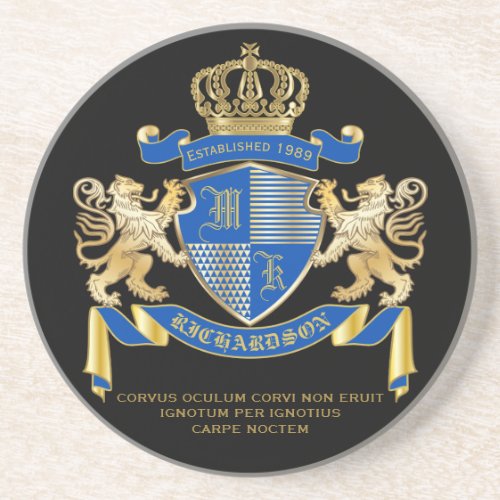 Create Your Own Coat of Arms Blue Gold Lion Emblem Drink Coaster