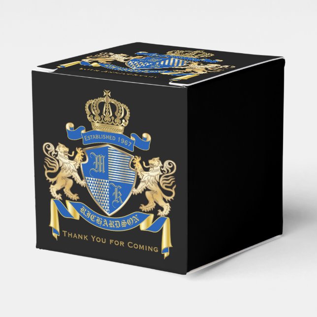 Create Your Own Coat of Arms Blue Gold Lion Emblem Favor Boxes (Front Side)