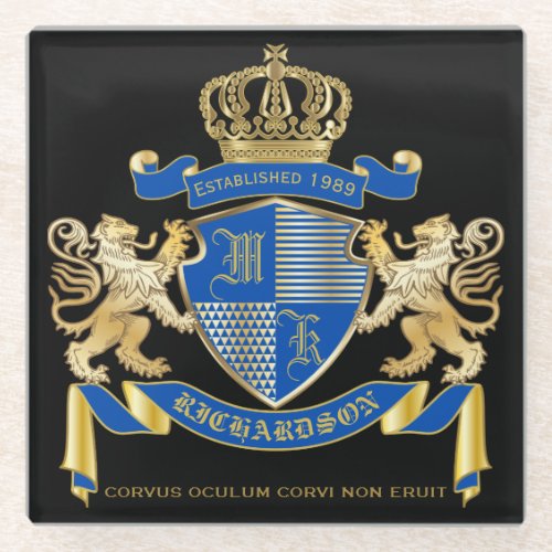 Create Your Own Coat of Arms Blue Gold Lion Emblem Glass Coaster