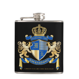 Create Your Own Coat of Arms Blue Gold Lion Emblem Hip Flask