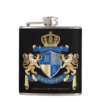 Create Your Own Coat Of Arms Blue Gold Lion Emblem Hip Flask by BCVintageLove at Zazzle