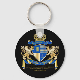 Create Your Own Coat of Arms Blue Gold Lion Emblem Keychain